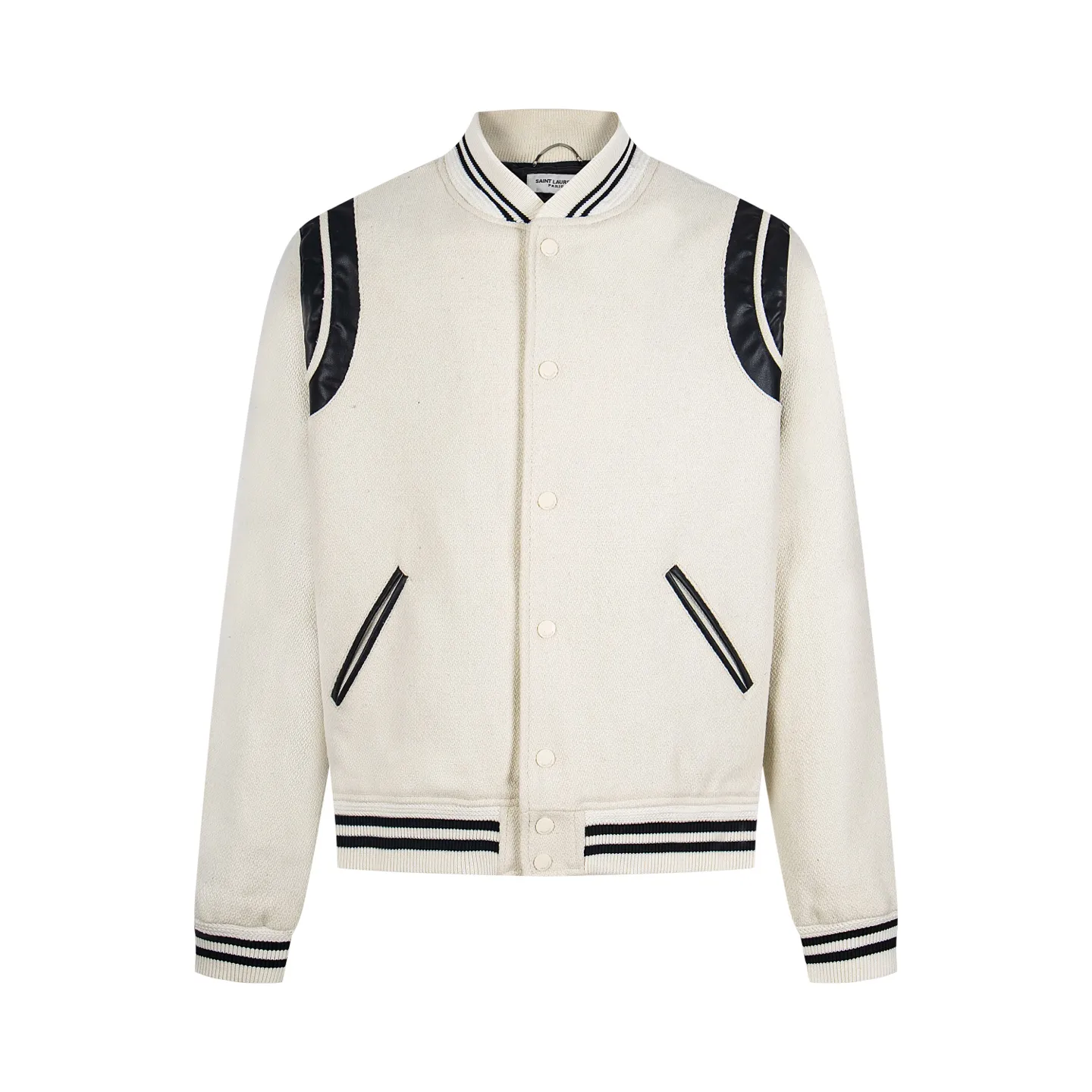 P520 wool version. High version ready in stock. Saint Laurent Paris slp classic leather patchwork black and white baseball collar jacket. The original version is 1:1 to develop the highest version on the Internet. It took 2 months to customize pure wool fabric and jacquard ribbing (ordinary machines cannot achieve this jacquard effect). The version is super handsome. The patchwork position is very particular about parking technology. Whether the whole dress looks good depends on the position 46-48-50-52.